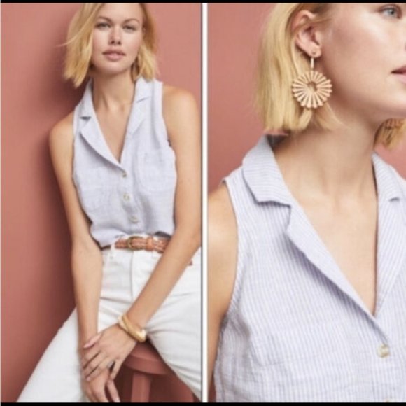 Maeve by Anthropologie Linen Felicity Blue Stripe Tank Top - Picture 2 of 9